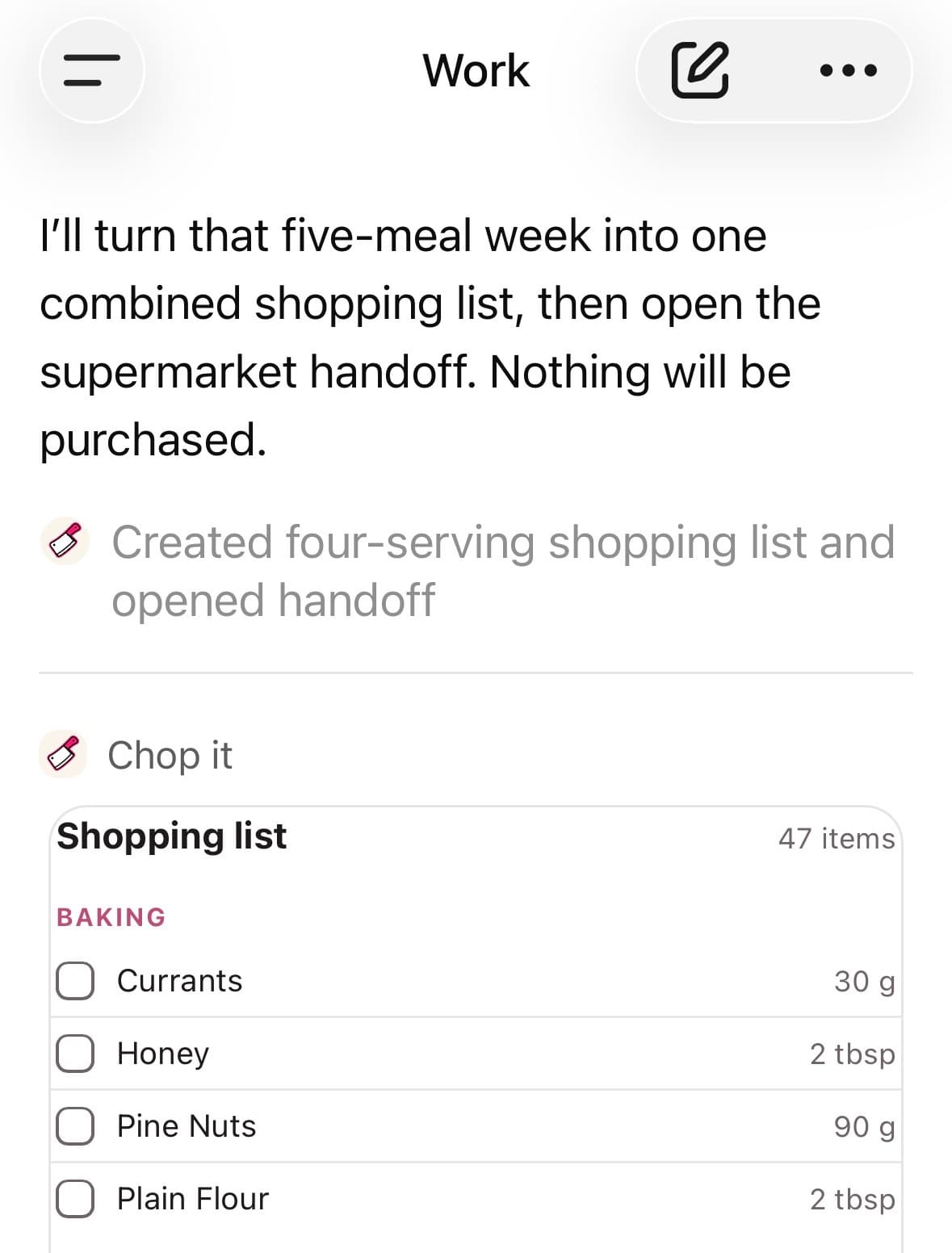 Chop it in ChatGPT combining the week into one shopping list