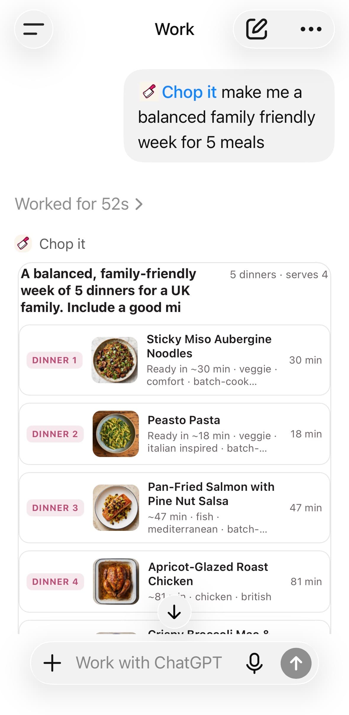 Chop it in ChatGPT returning a five-dinner week
