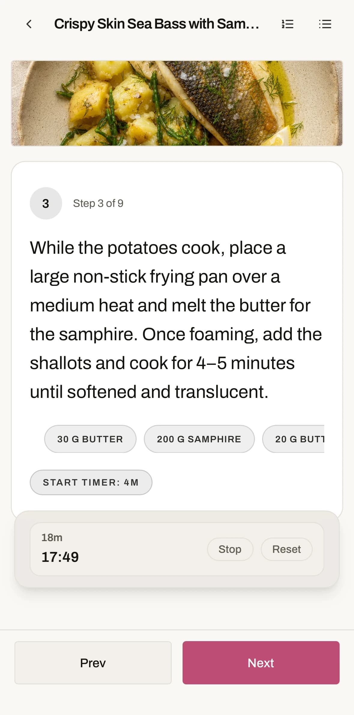 Chop it Cook Mode part way through a recipe, showing the current step alongside its ingredients and a timer