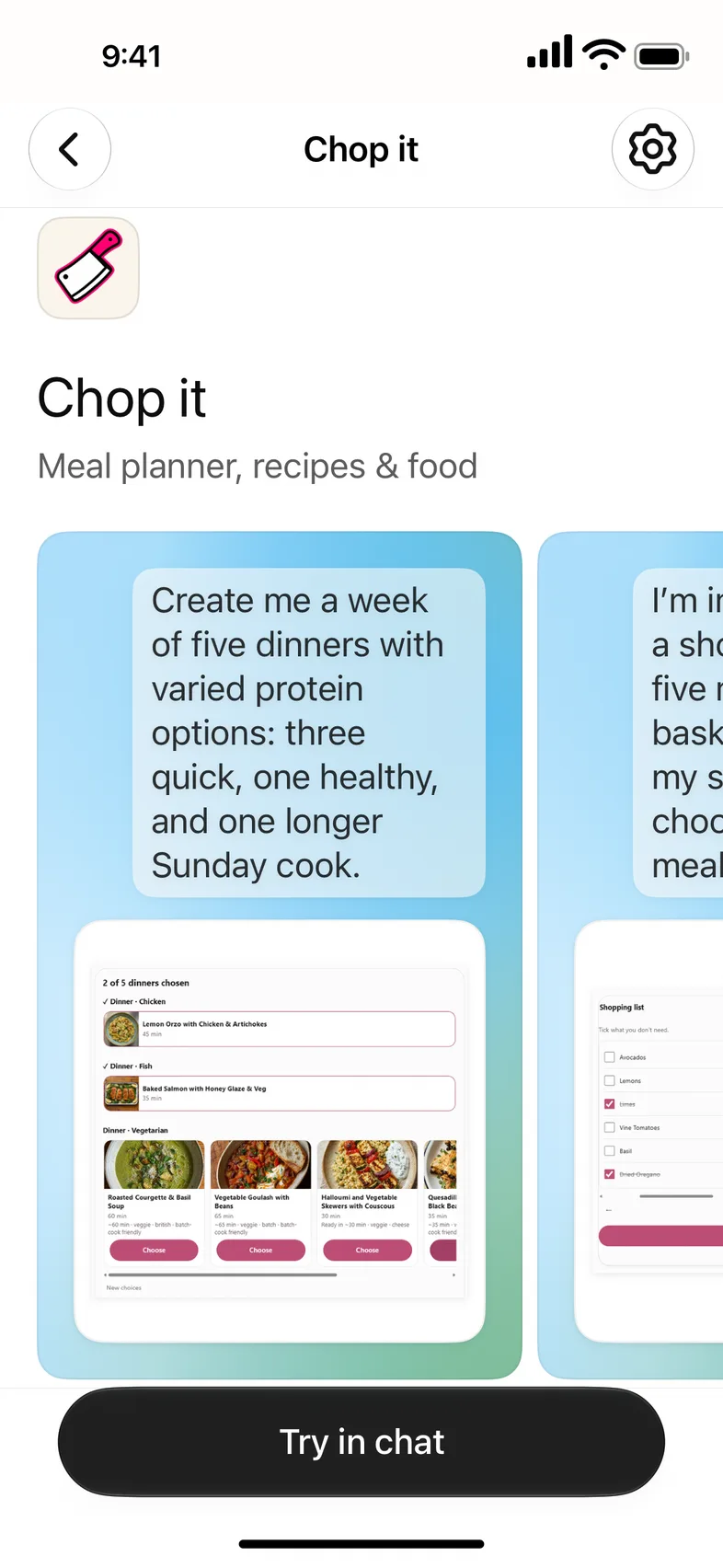 The Chop it app listing in ChatGPT with a Try in chat button