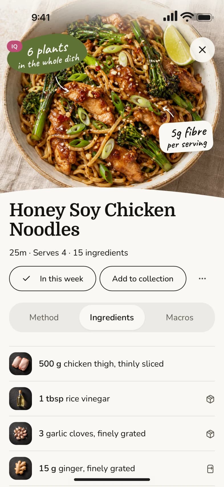 A recipe card for Honey Soy Chicken Noodles, with method, ingredients and macros, and notes for 6 plants and 5g fibre on the photo