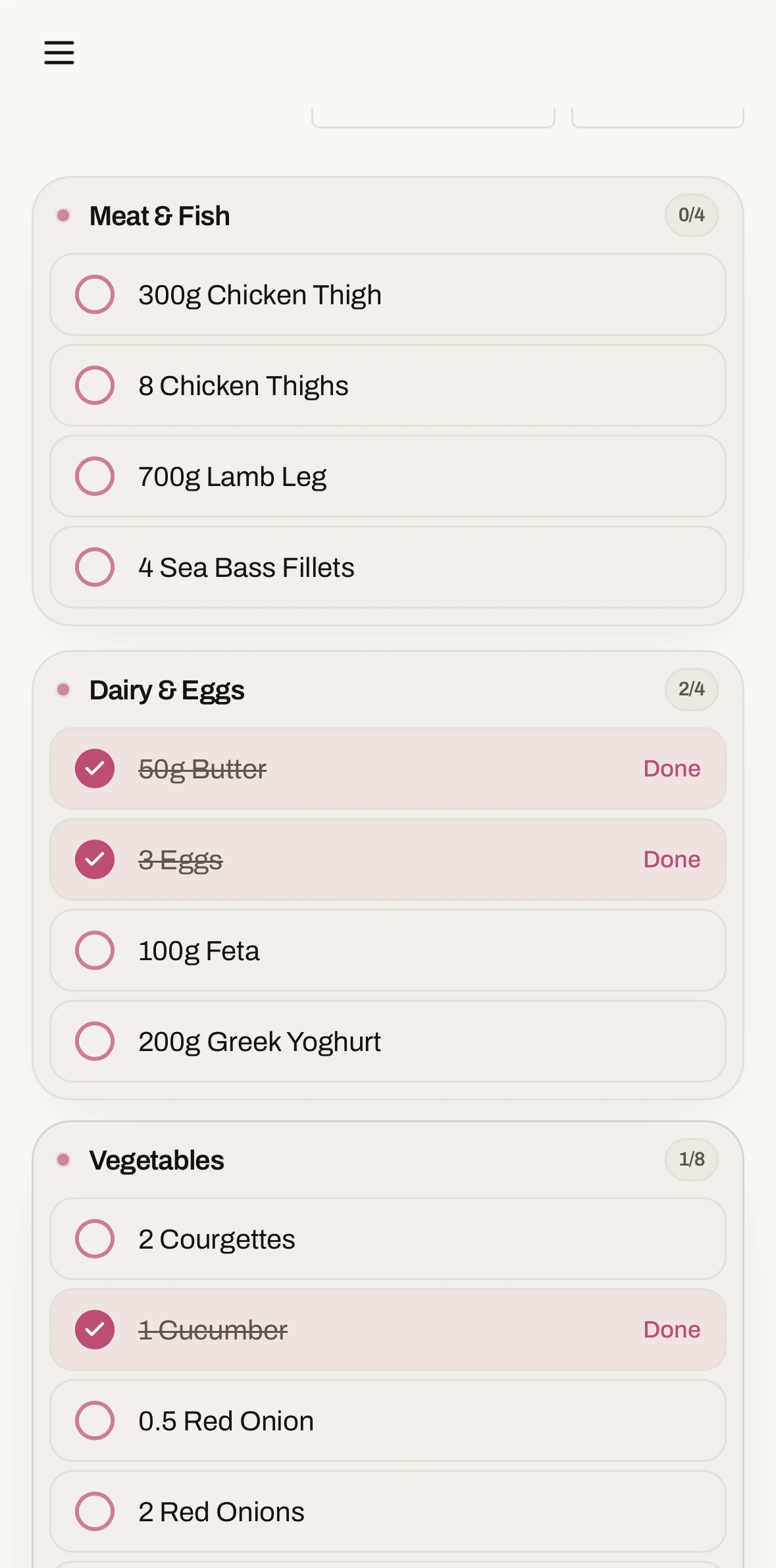 Chop it shopping list with ingredients from several recipes combined into one line each and grouped by supermarket aisle