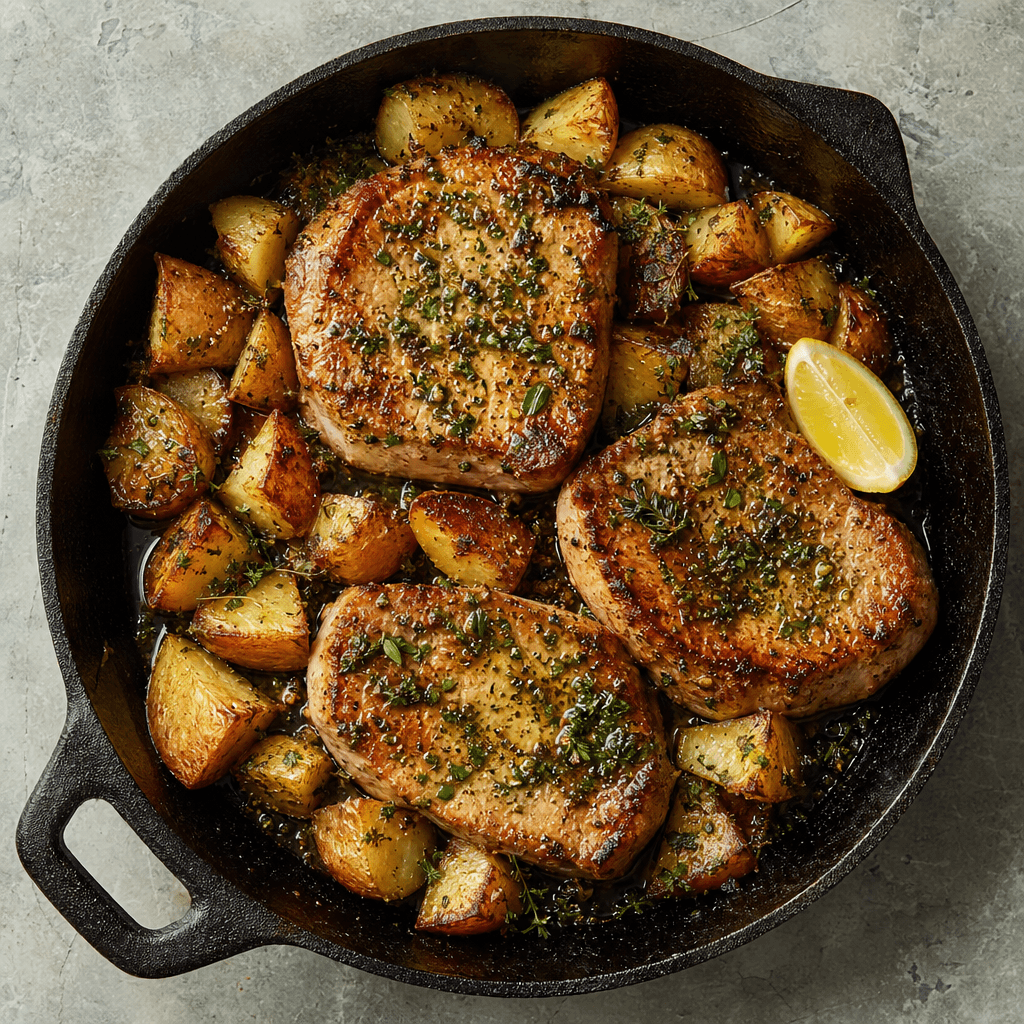 Herby Pork Chops with Roast Potatoes