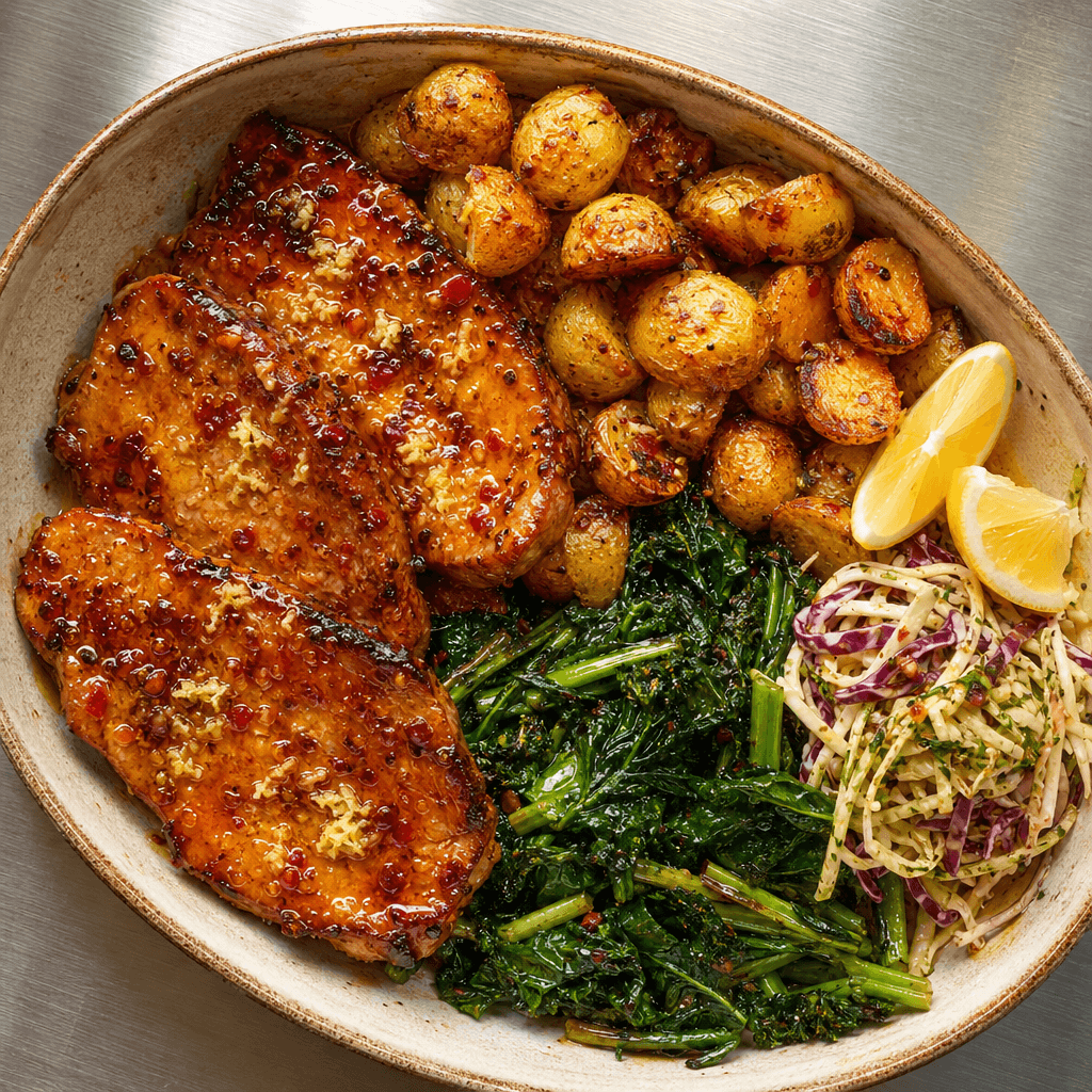 Hot Honey Pork with Greens & Roast Potatoes