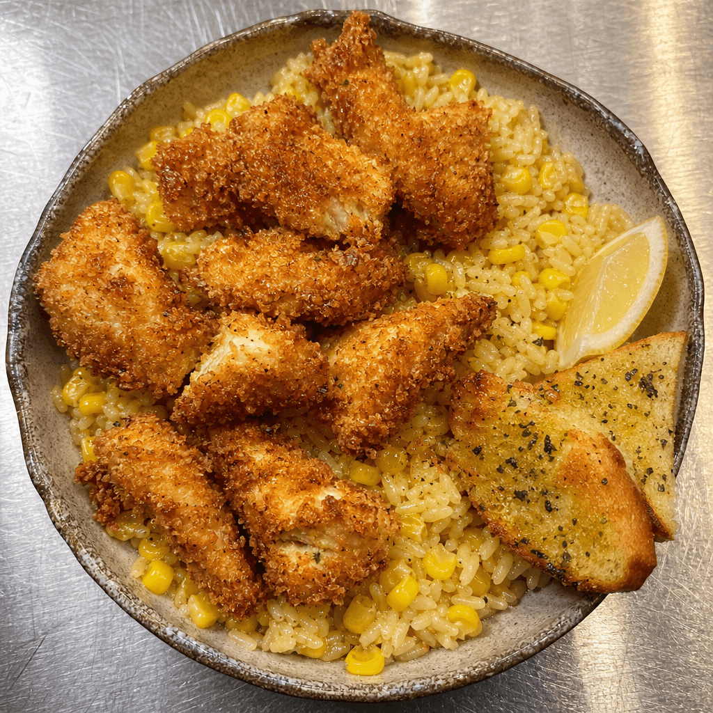 Crispy Chicken Tenders with Buttery Corn Rice