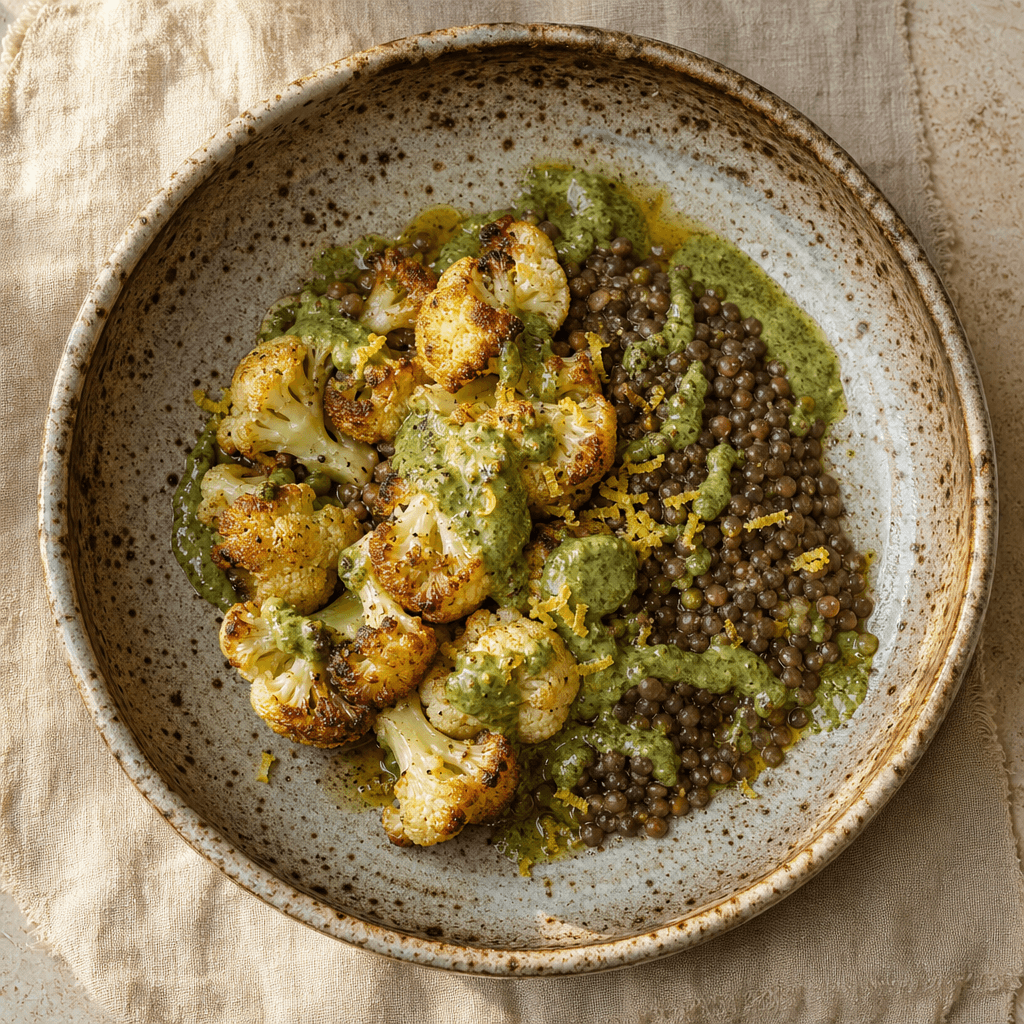Crispy Cauliflower with Green Tahini & Lentils