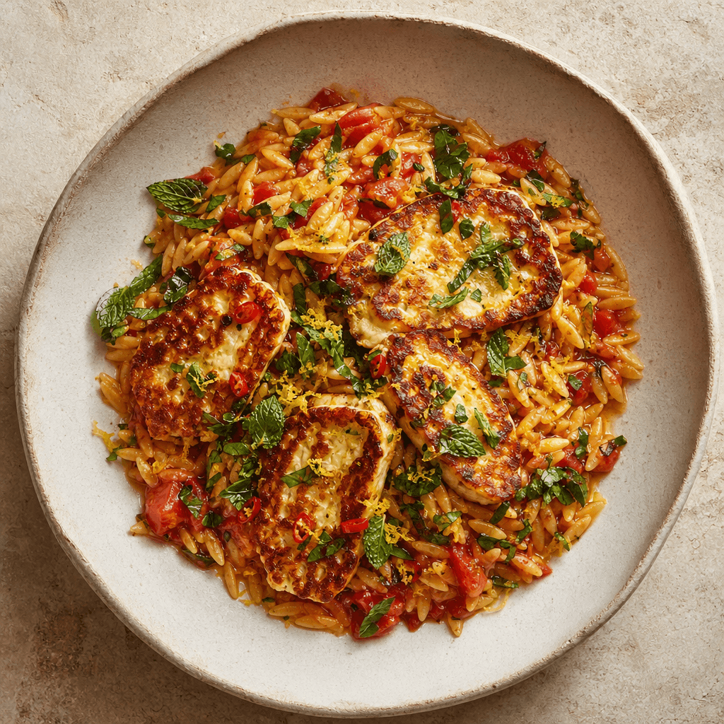 Crispy Halloumi with Herby Orzo
