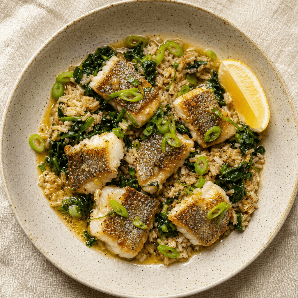 Garlic Butter Sea Bass with Greens & Brown Rice