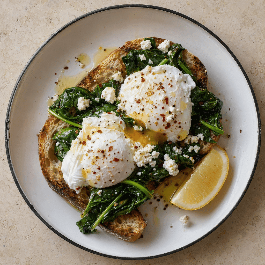 Poached Eggs on Sourdough with Spinach and Feta