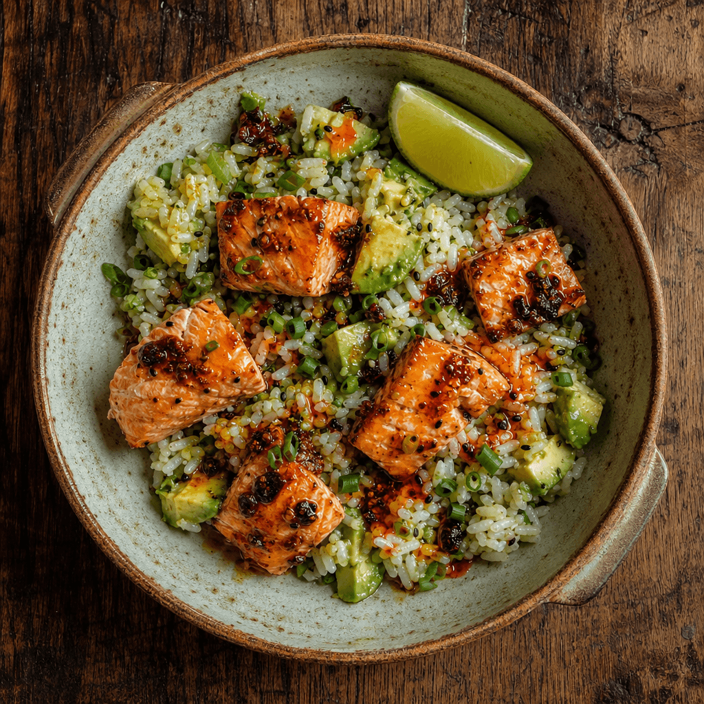 Chilli Crisp Salmon with Avocado Rice