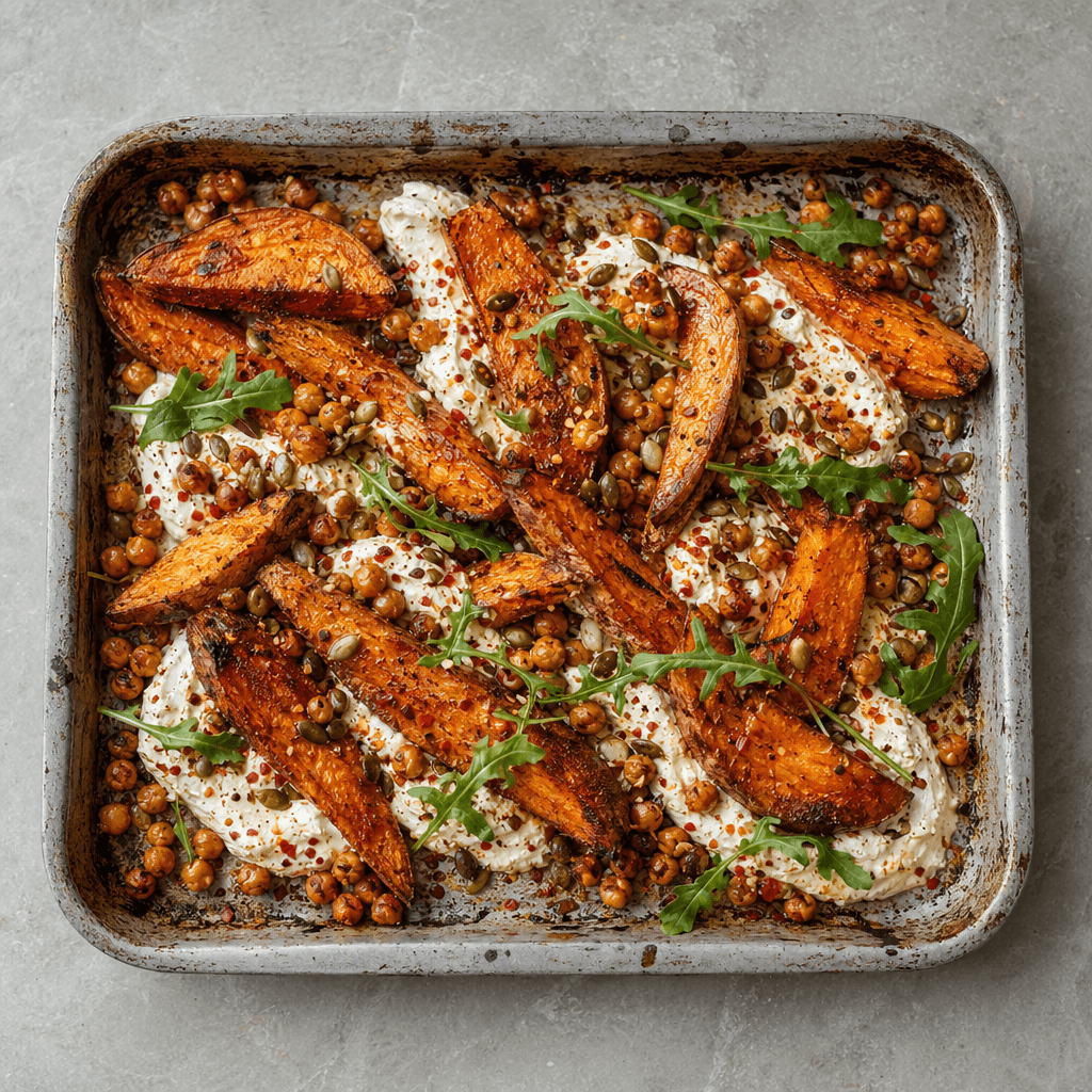 Roast Sweet Potatoes with Whipped Feta & Crispy Chickpeas