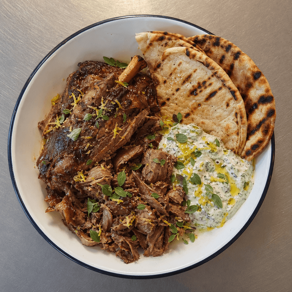 Greek Slow-Smoked Lamb Shoulder with Tzatziki Pita
