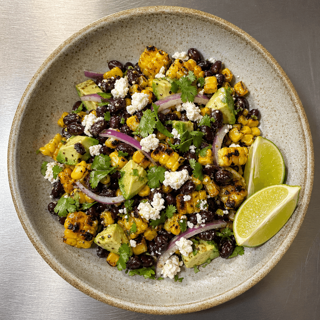 Charred Sweetcorn, Black Bean and Avocado Salad with Lime Dressing