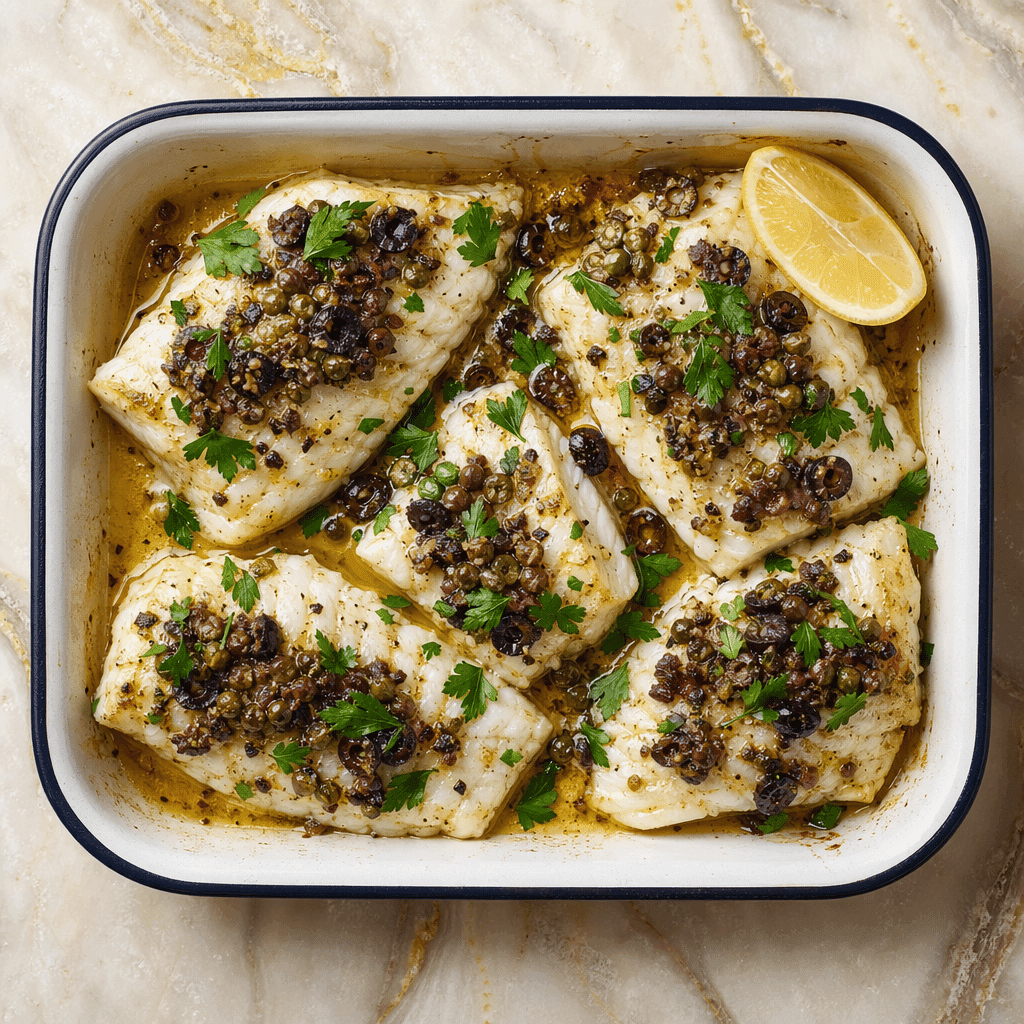 Baked Cod with Olive and Caper Tapenade