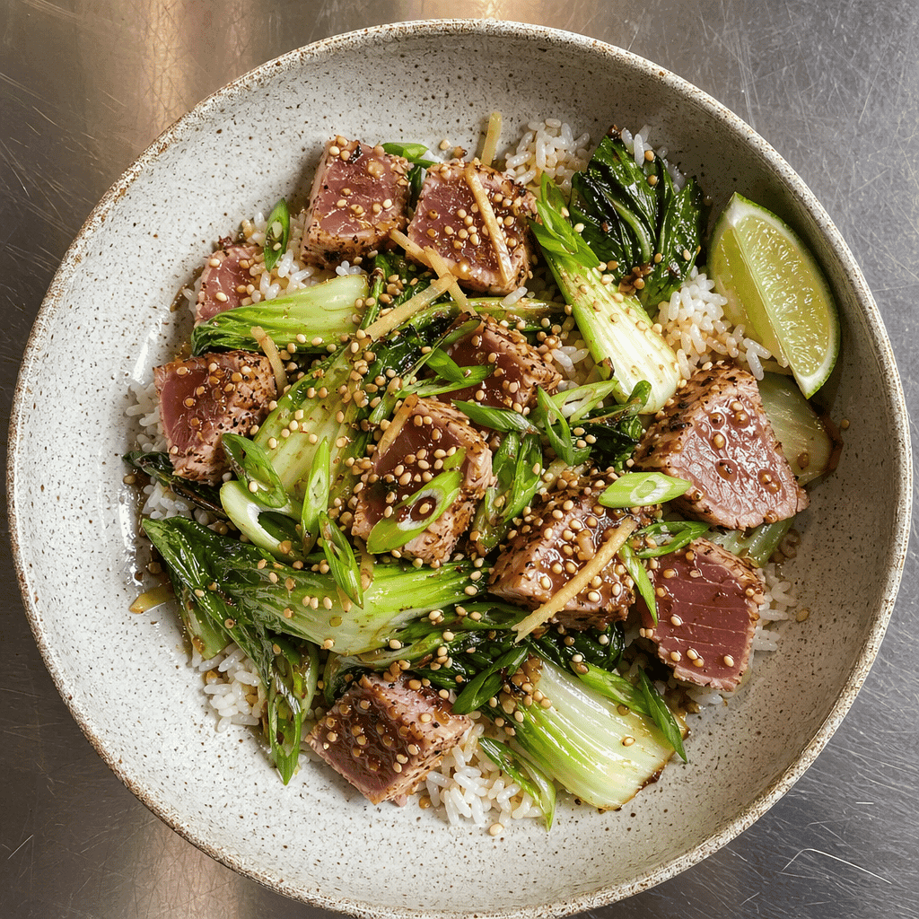 Seared Tuna with Sesame Bok Choy and Rice