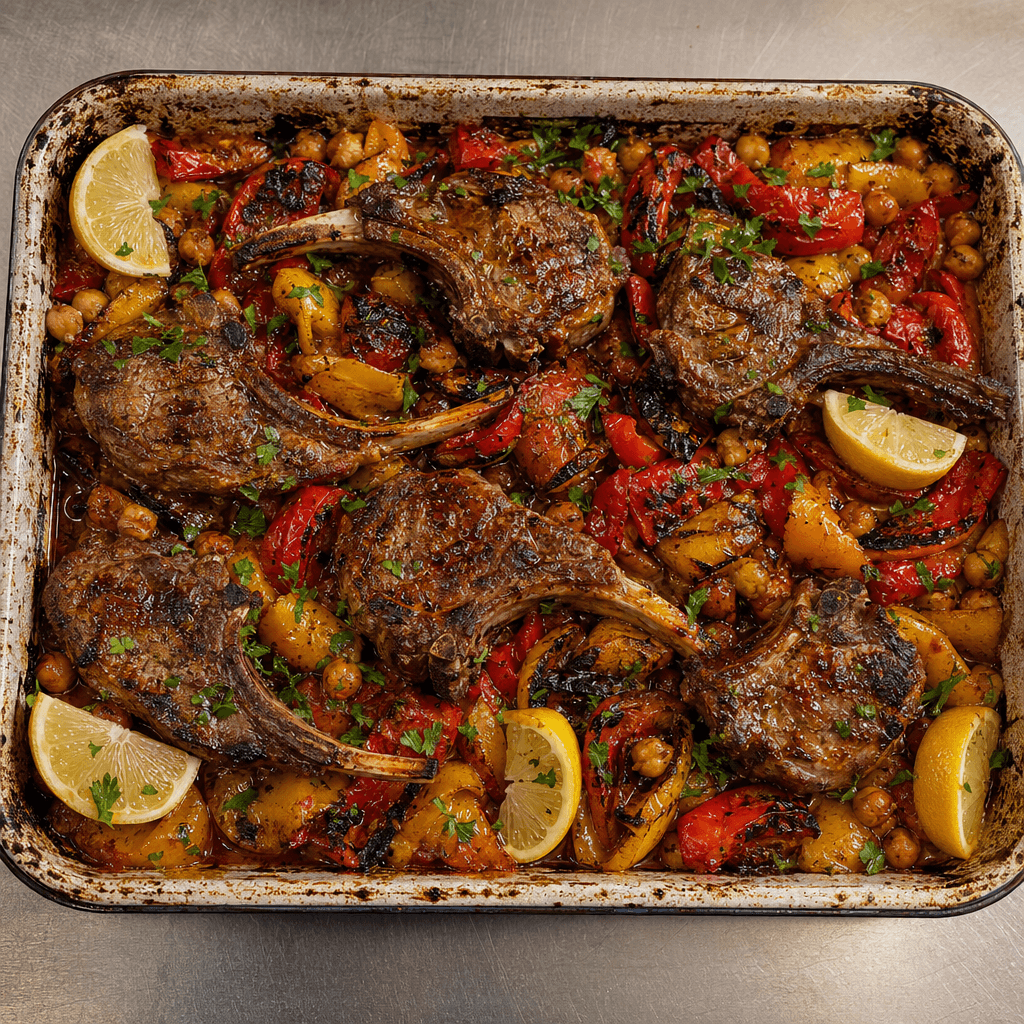 Honey Harissa Lamb Chops with Roasted Peppers