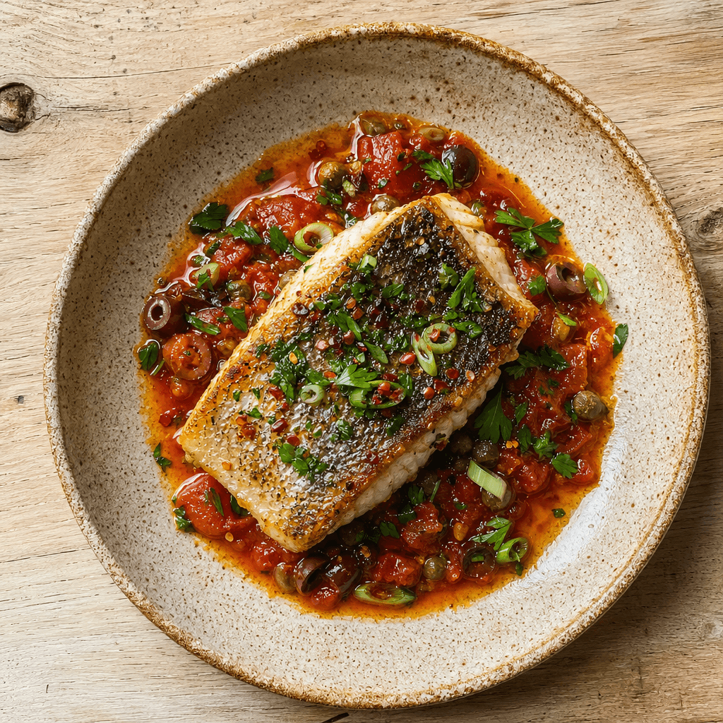 Pan-Fried Cod with Tomato, Caper & Olive Sauce