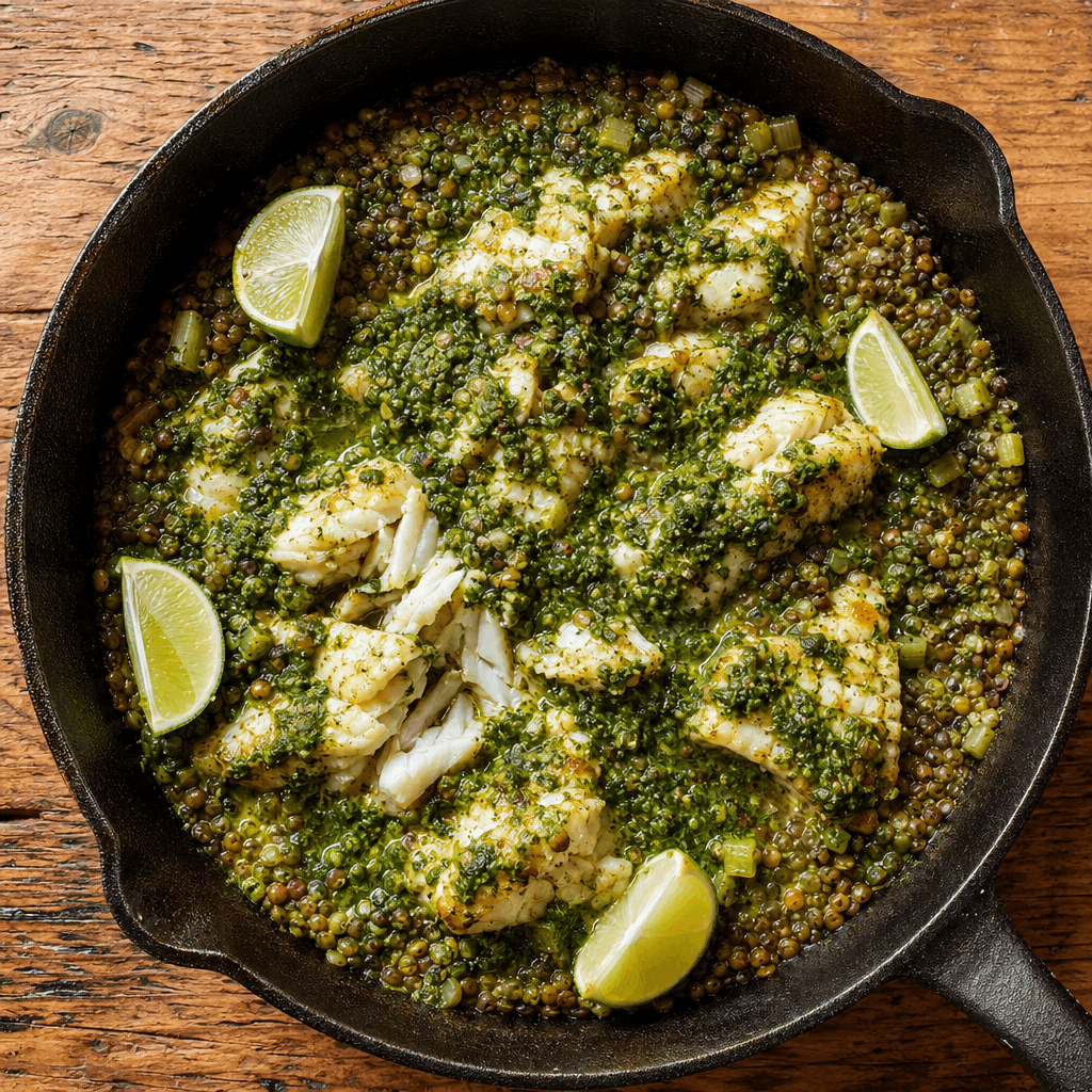 Baked Cod with Lentils & Salsa Verde