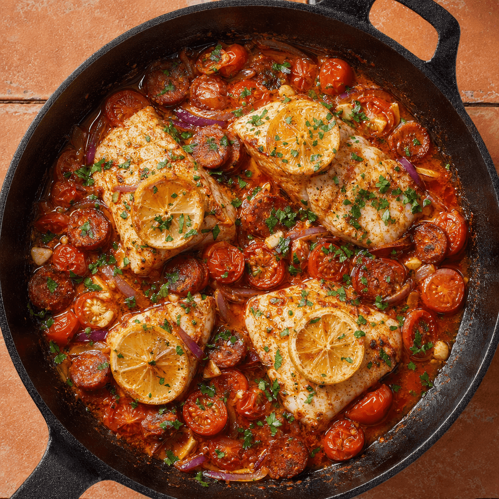 Baked Cod with Chorizo, Tomatoes & White Wine