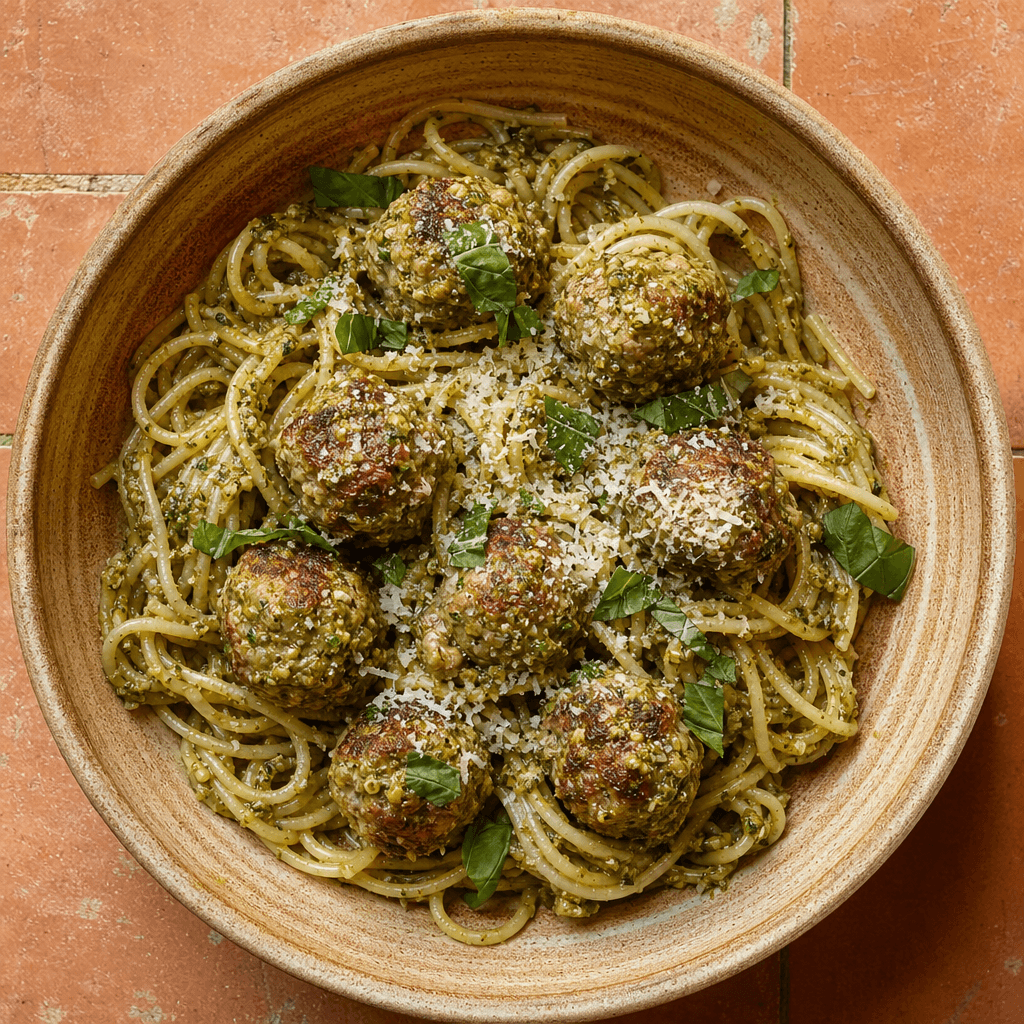 Pesto Meatballs With Spaghetti