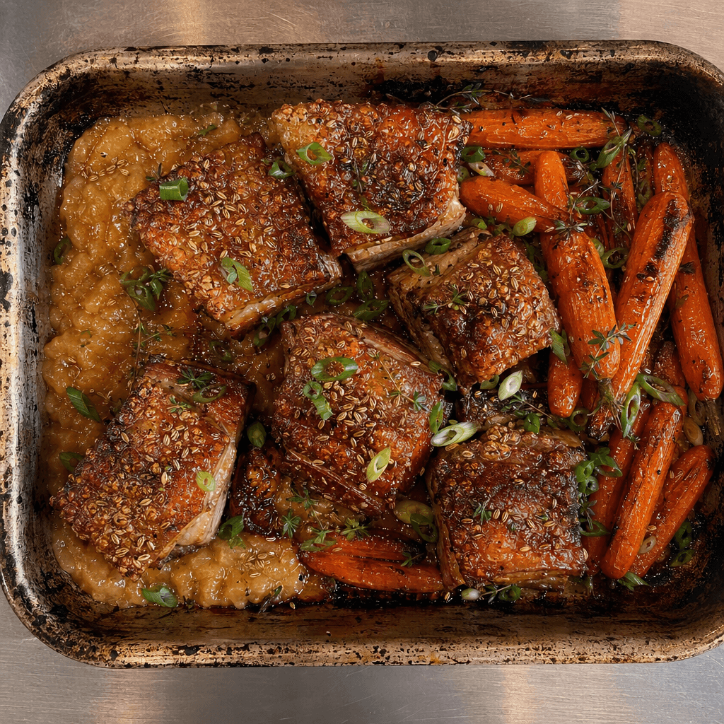 Slow-Roasted Pork Belly with Roasted Carrots & Apple Sauce