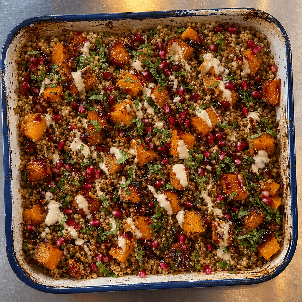 Freekeh, Roasted Squash and Pomegranate with Tahini Dressing
