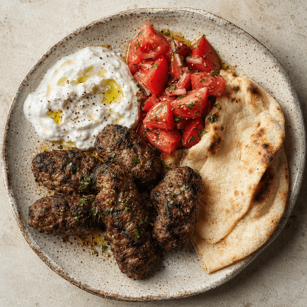 Lamb Koftas with Tomato Salad, Yogurt & Flatbreads