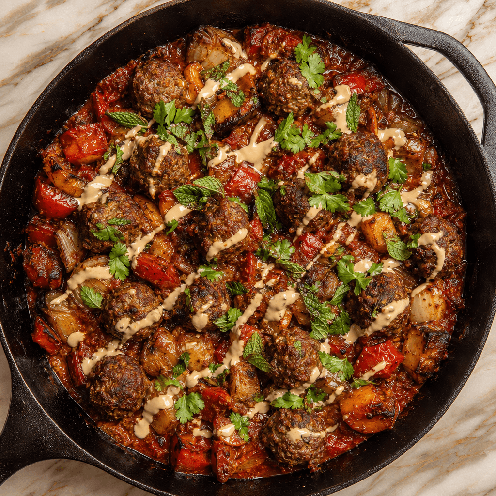 Moroccan Spiced Lamb Meatballs with Roasted Veg