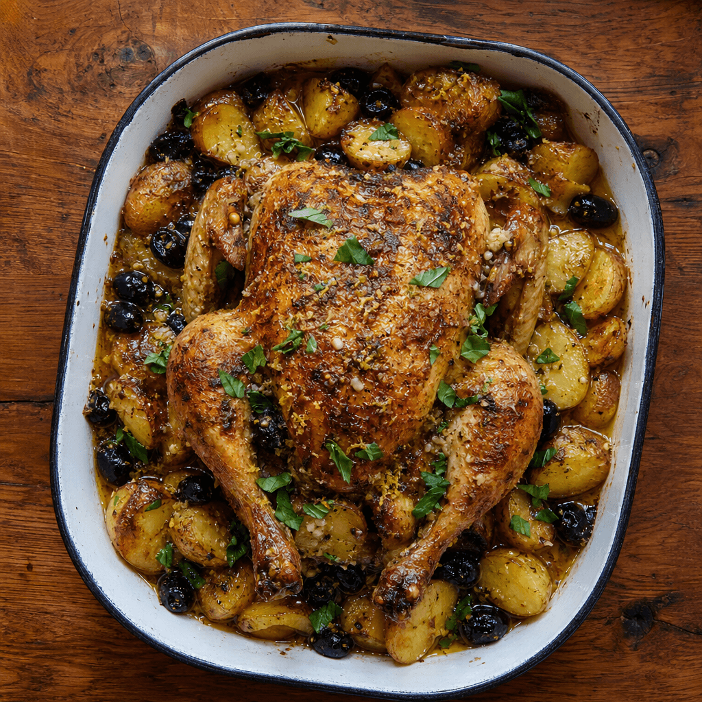 Anchovy-Butter Roast Chicken with Potatoes & Olives