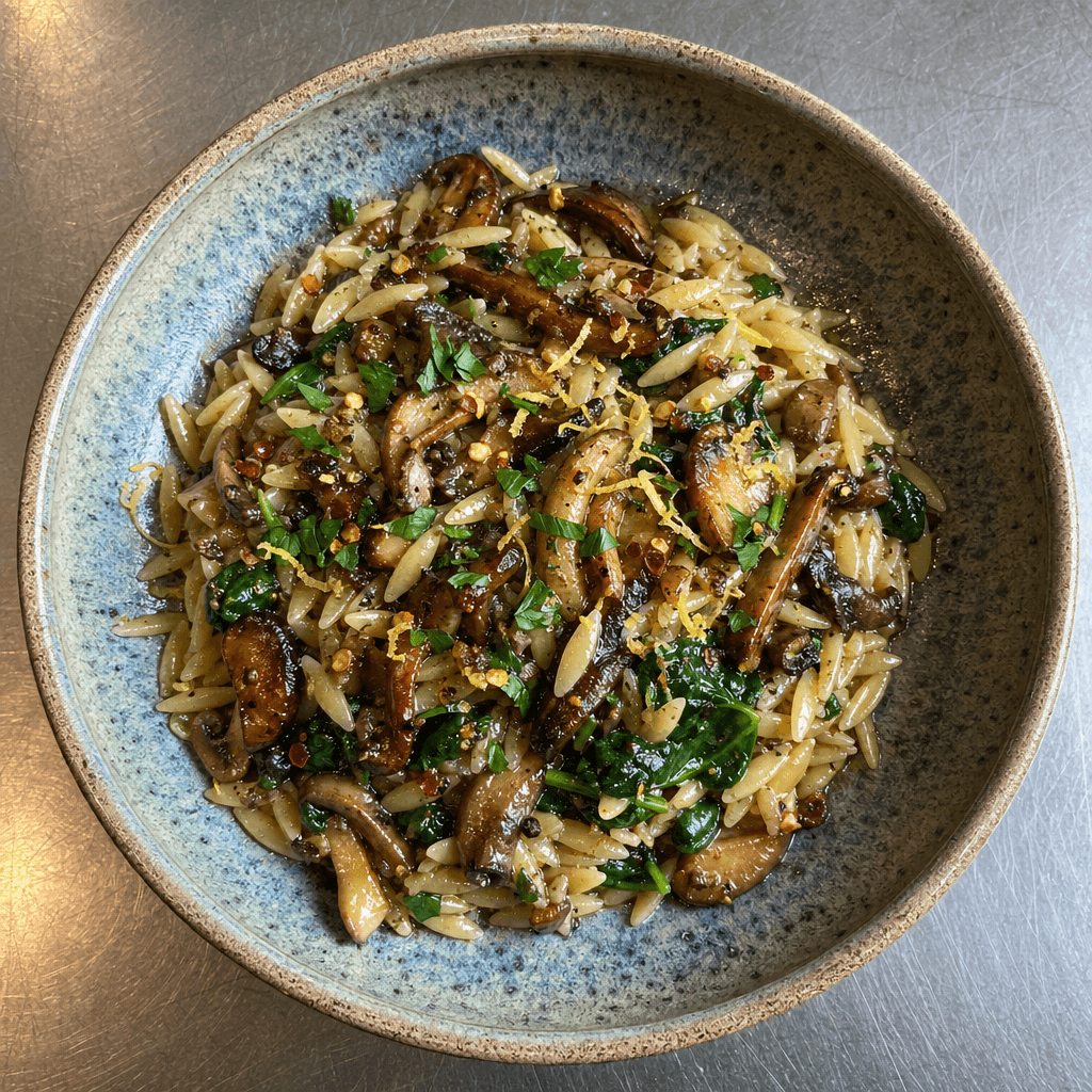 Golden Garlic Mushroom & Spinach Orzo
