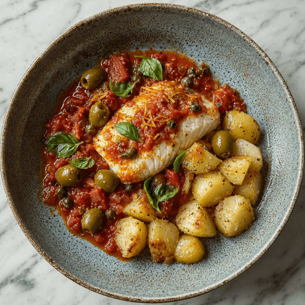 Cod with Tomato & Olive Sauce