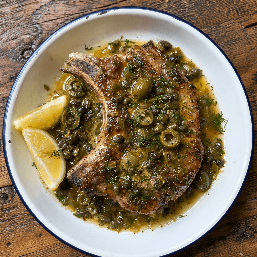 Green Chile Puttanesca Pork Chops