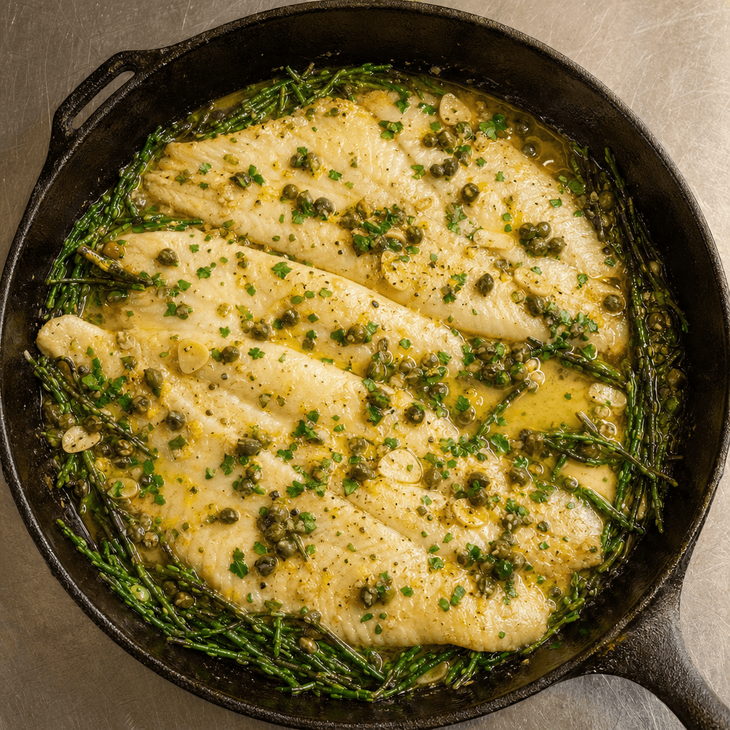 Baked Lemon Sole with Capers, Butter & Samphire