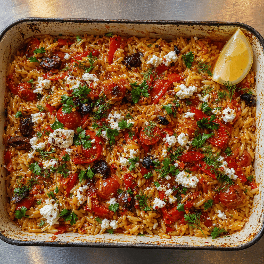 One-Pan Orzo with Roasted Peppers, Olives and Feta