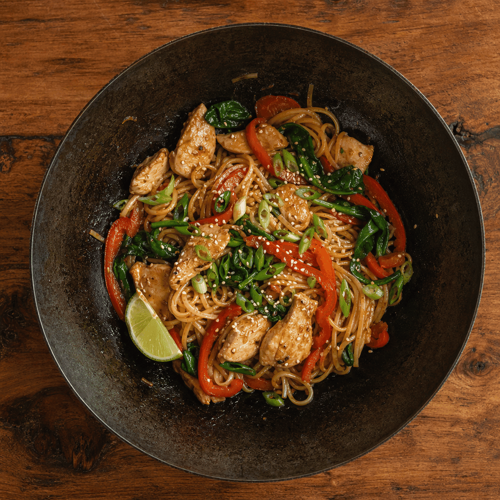 Chicken and Red Pepper Stir-Fry with Rice Noodles