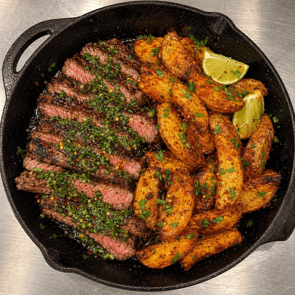 Sizzling Sirloin Steak with Chimichurri & Crispy Potato Wedges