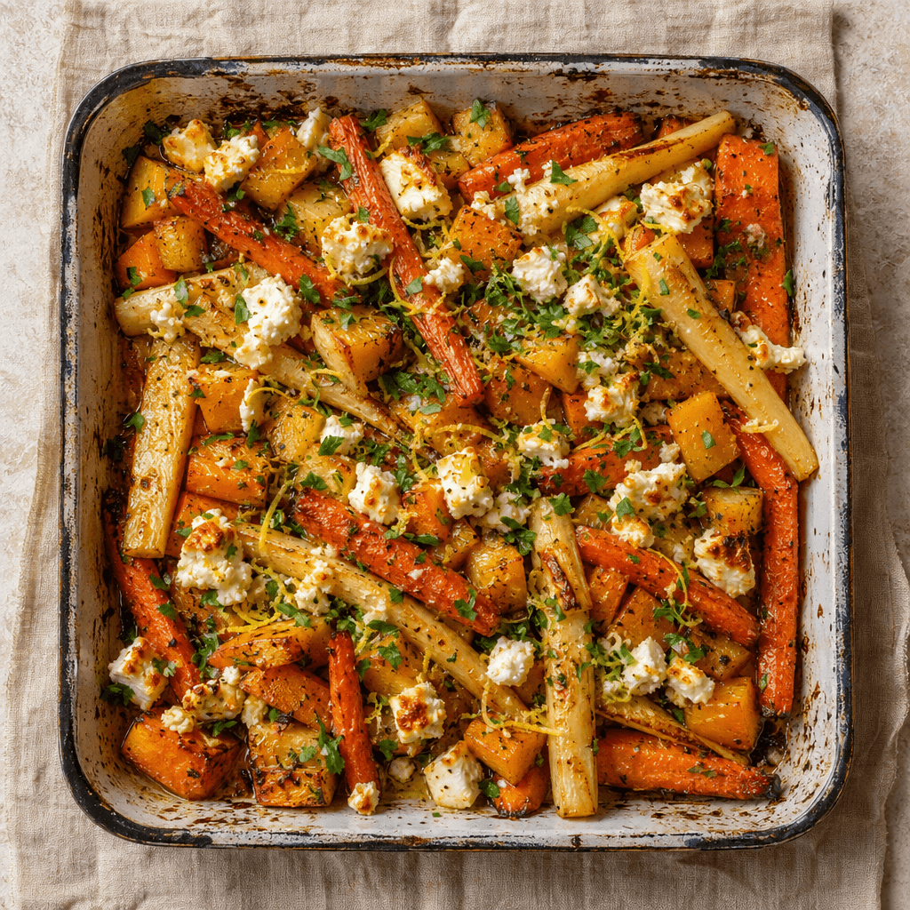 Roasted Root Vegetables with Feta and Thyme