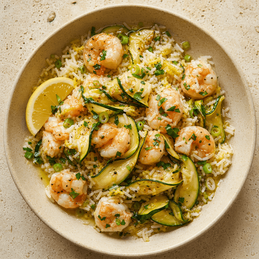 Garlic Prawns with Lemon Rice & Courgettes