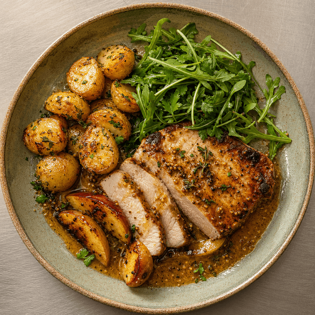 Pork with Charred Apples, Mustard & Crispy Potatoes