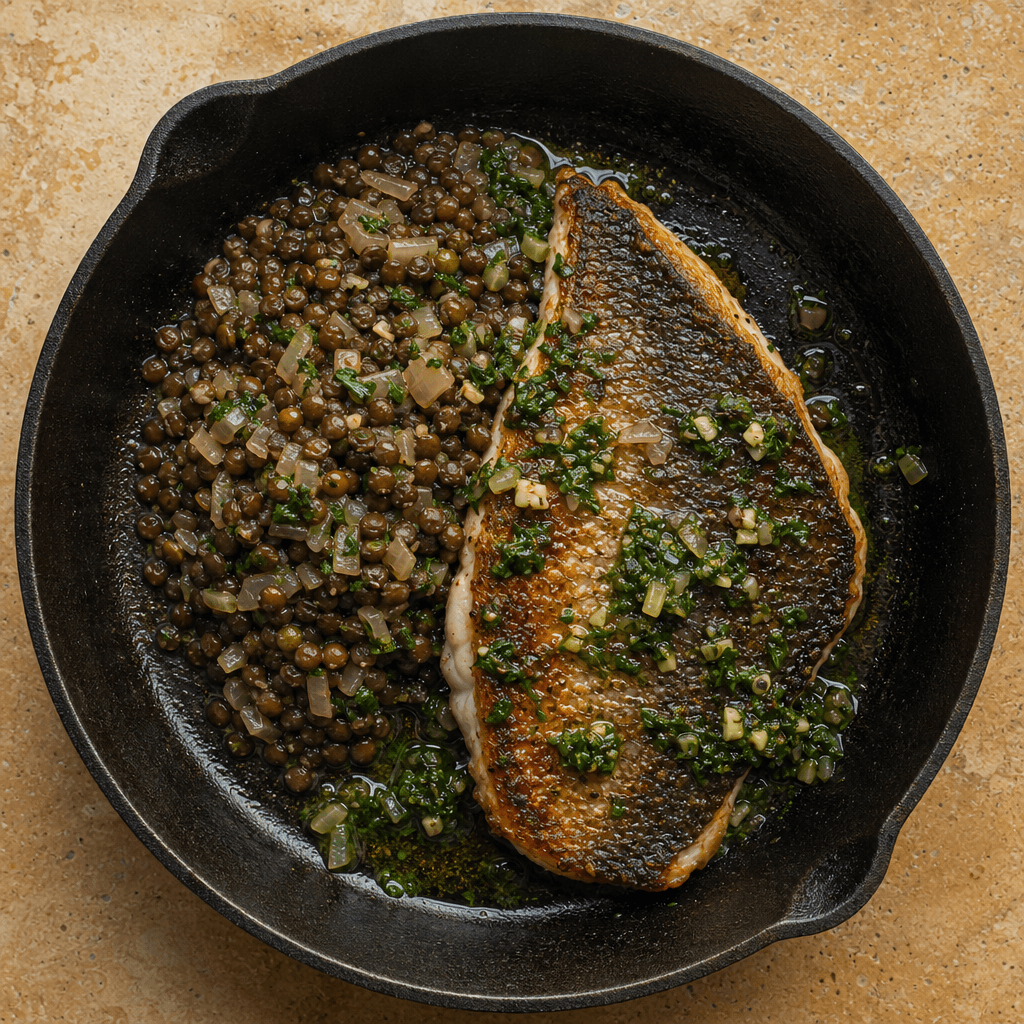 Pan-Fried Sea Bass with Salsa Verde & Warm Lentils