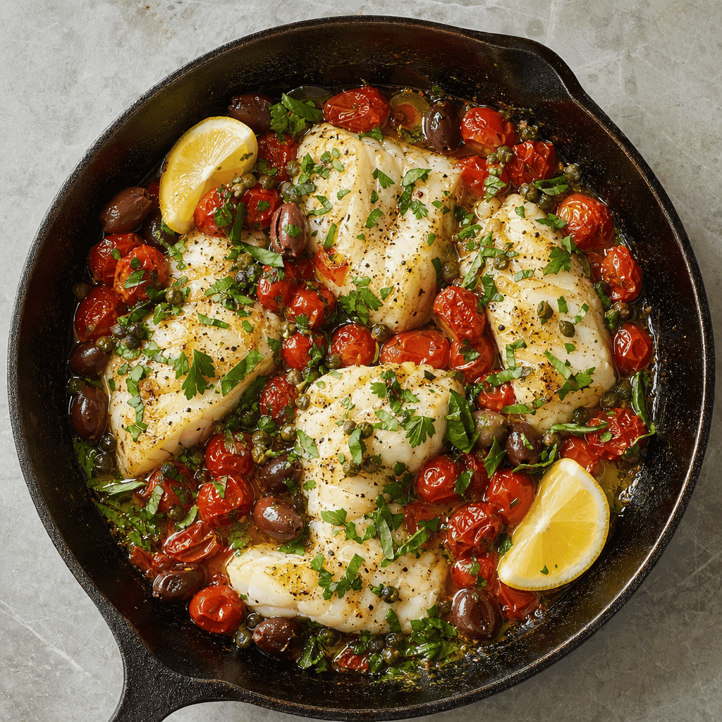 Baked Cod with Cherry Tomatoes and Olives