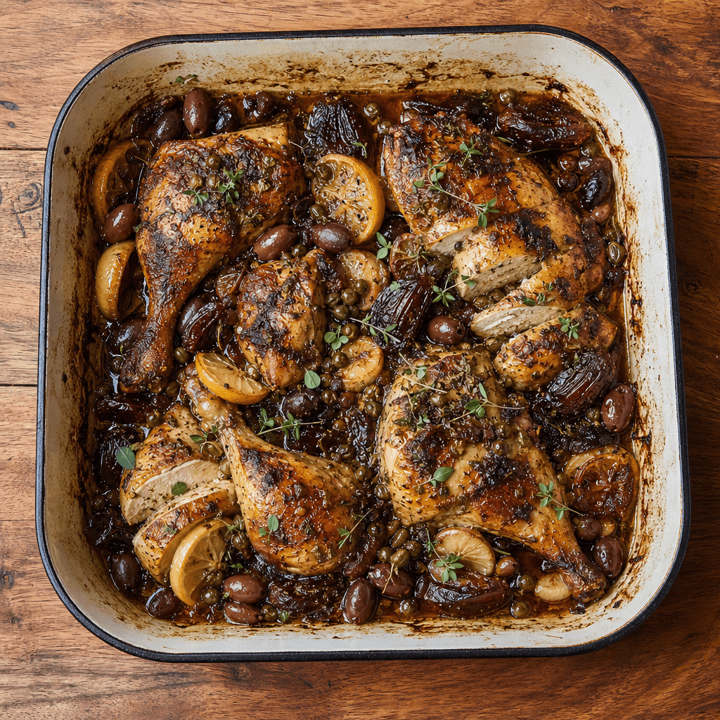Roast Chicken with Dates, Olives and Capers
