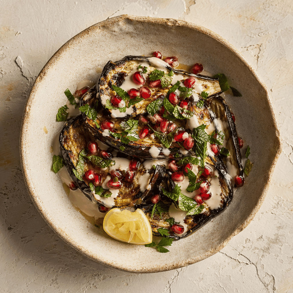 Grilled Aubergine with Pomegranate, Pistachios and Tahini