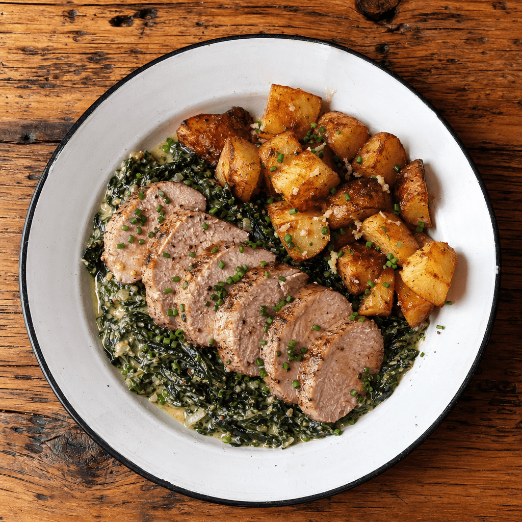 Pork Tenderloin with Mustard Greens & Crispy Potatoes