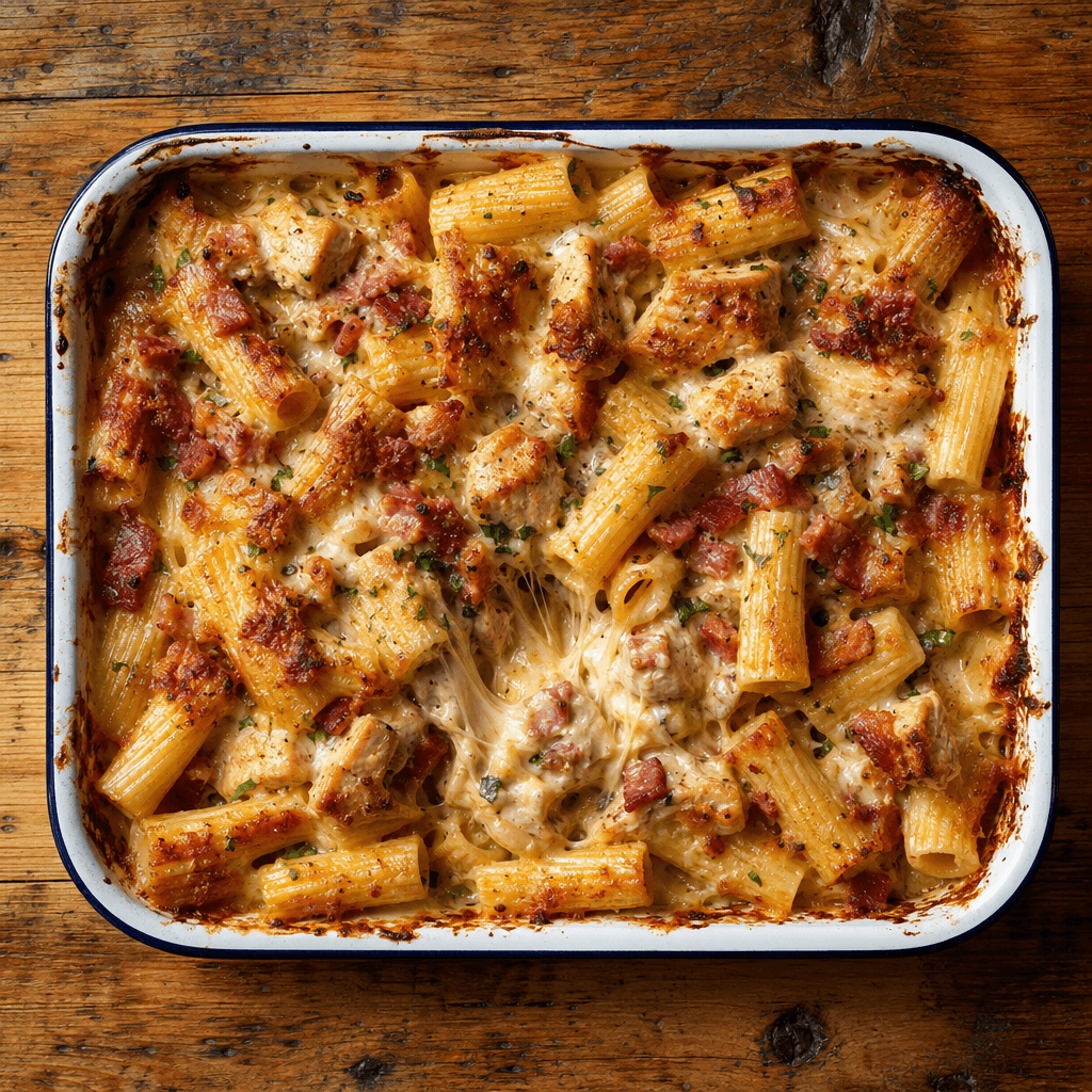 Creamy Chicken, Bacon & Pea Pasta Bake