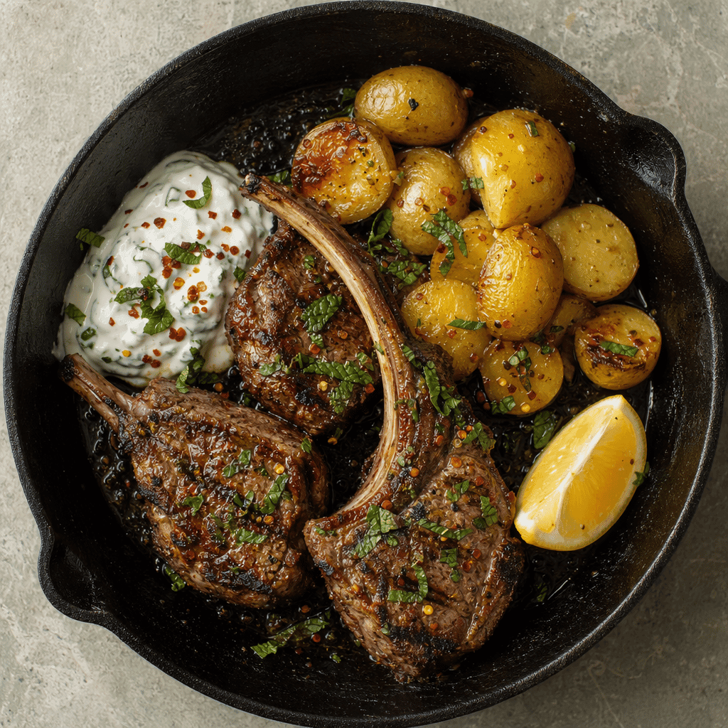 Grilled Lamb Chops with Minted Yoghurt and New Potatoes