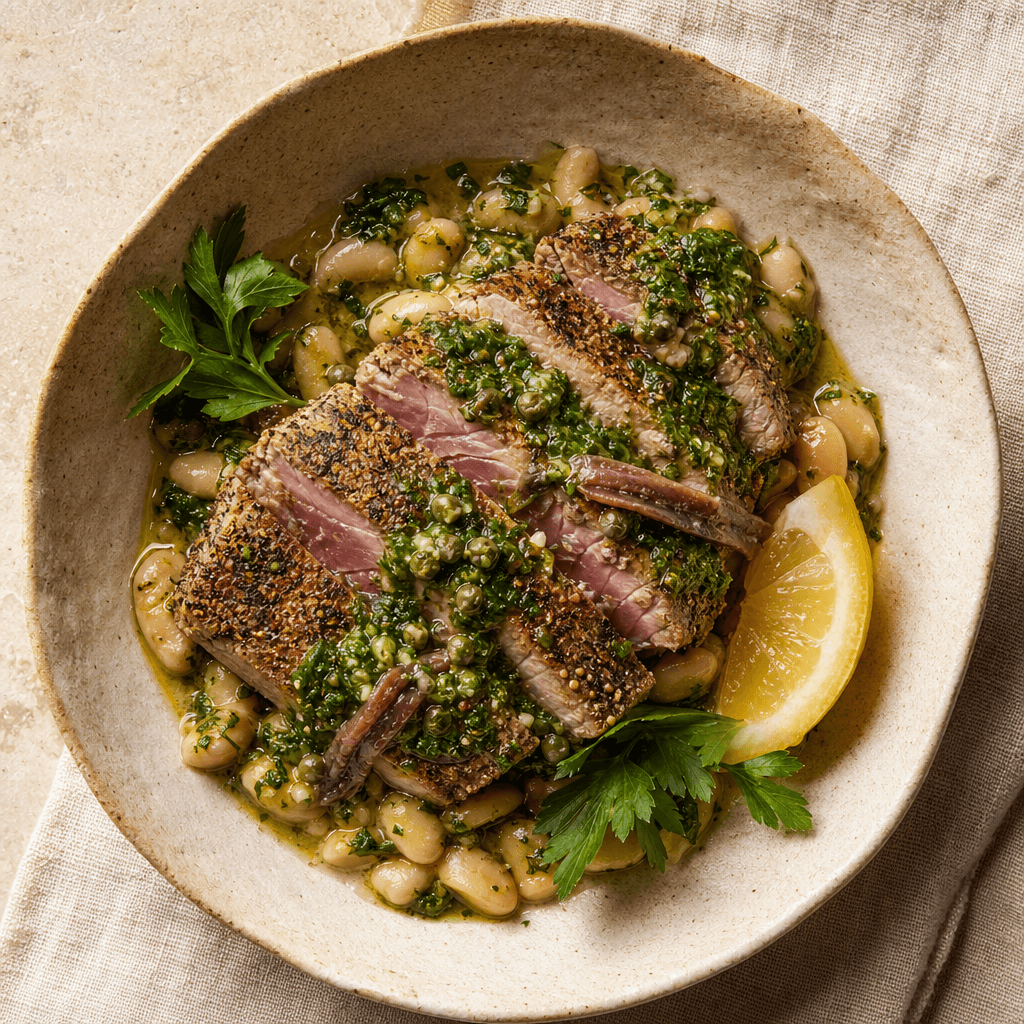 Tuna Steak with Salsa Verde & White Beans