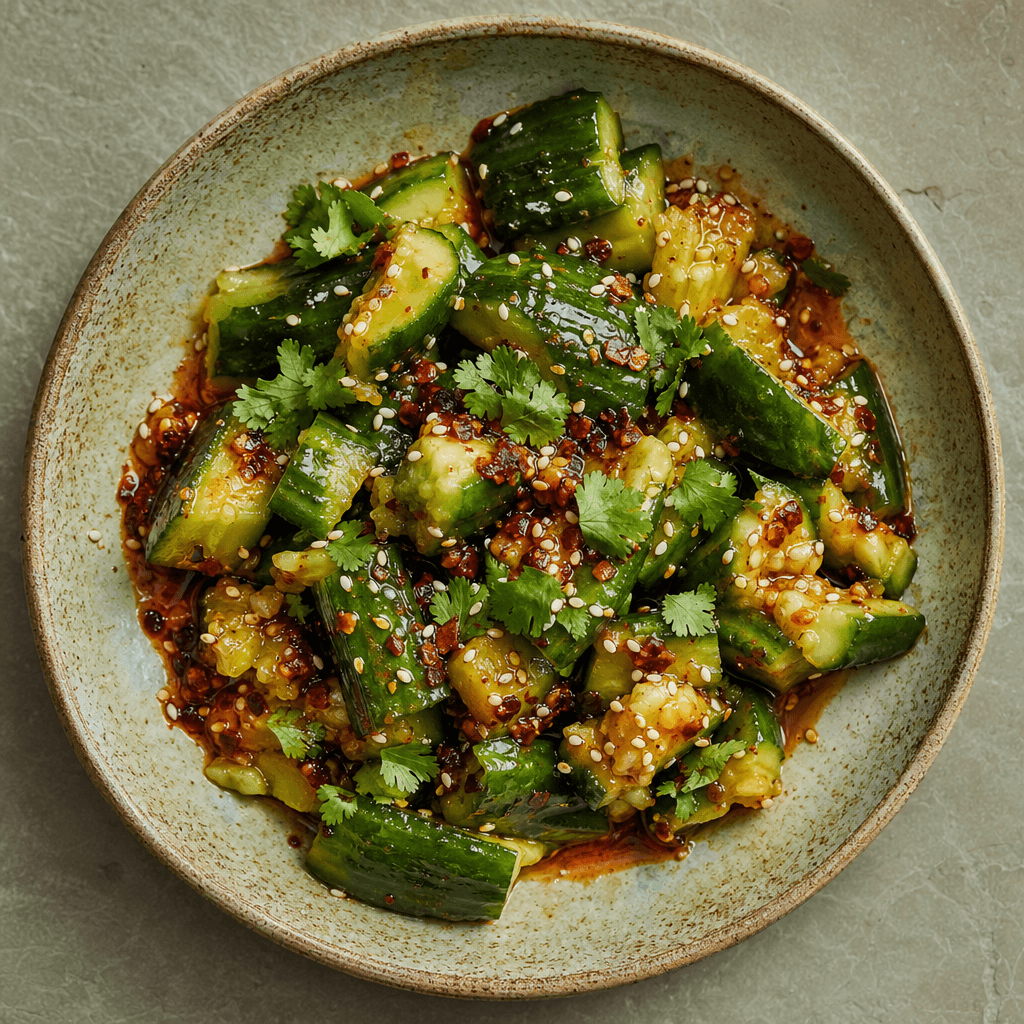 Smashed Cucumber Salad with Sichuan Chilli Oil and Black Vinegar