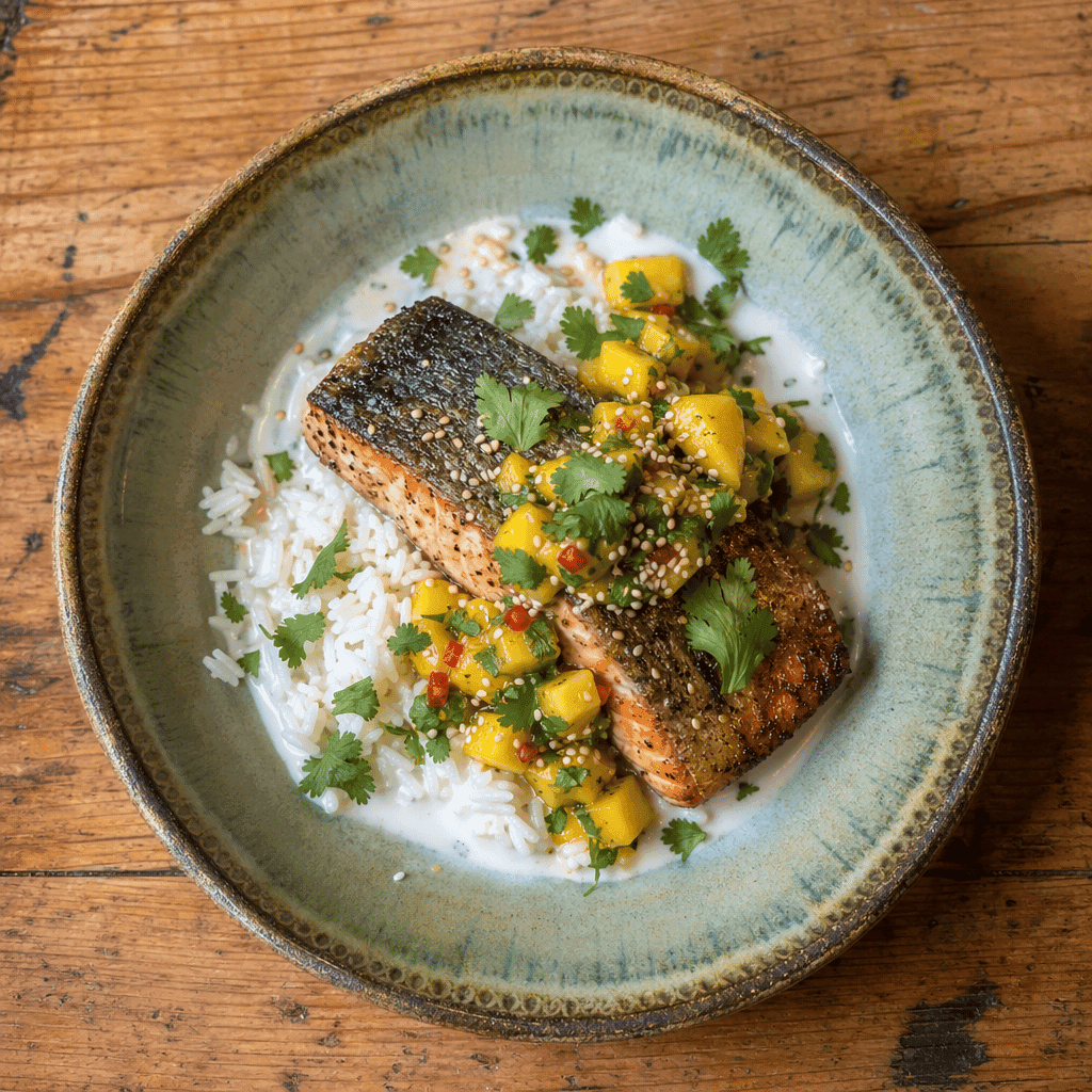 Seared Salmon with Mango Salsa and Lime