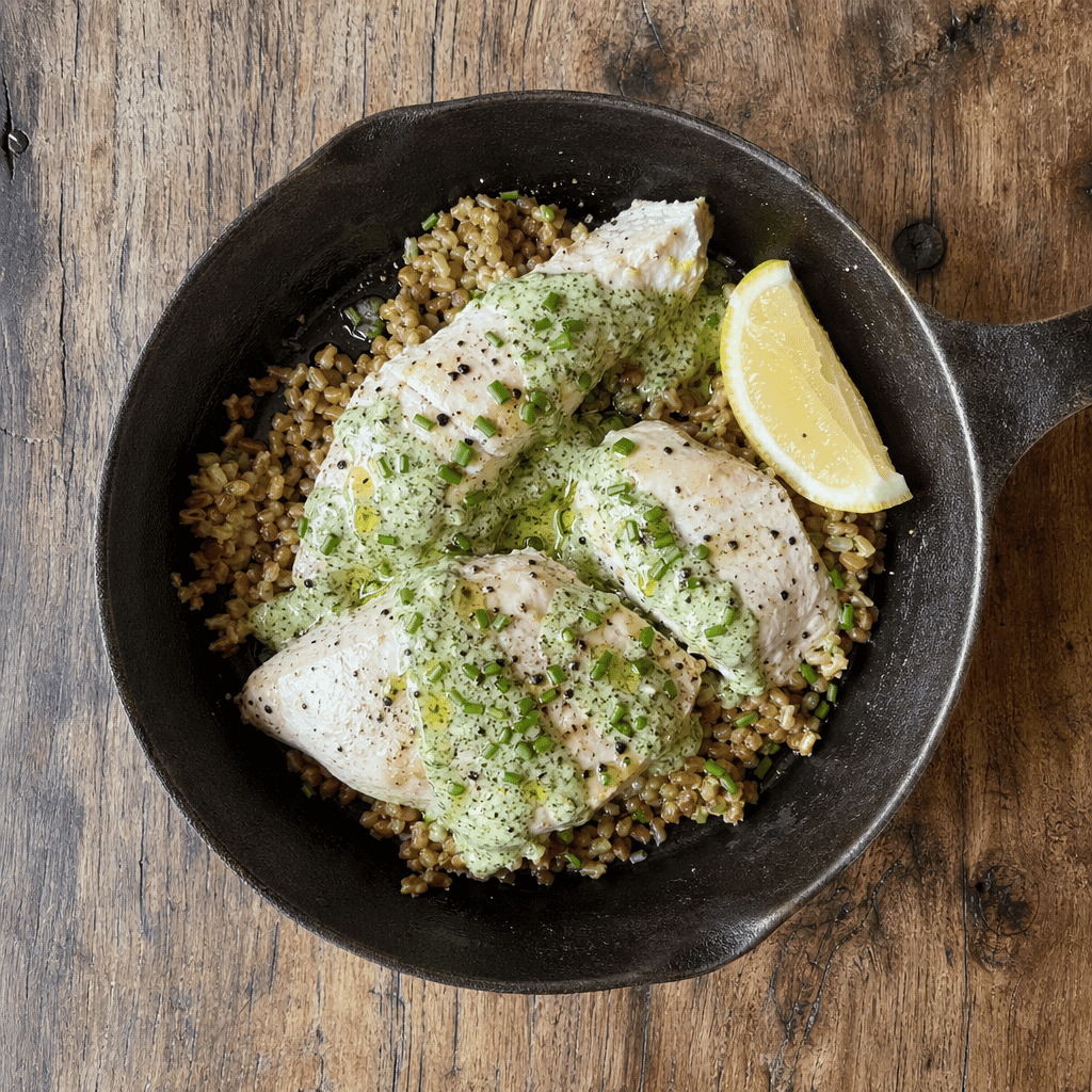 Poached Chicken with Green Goddess Dressing and Grains
